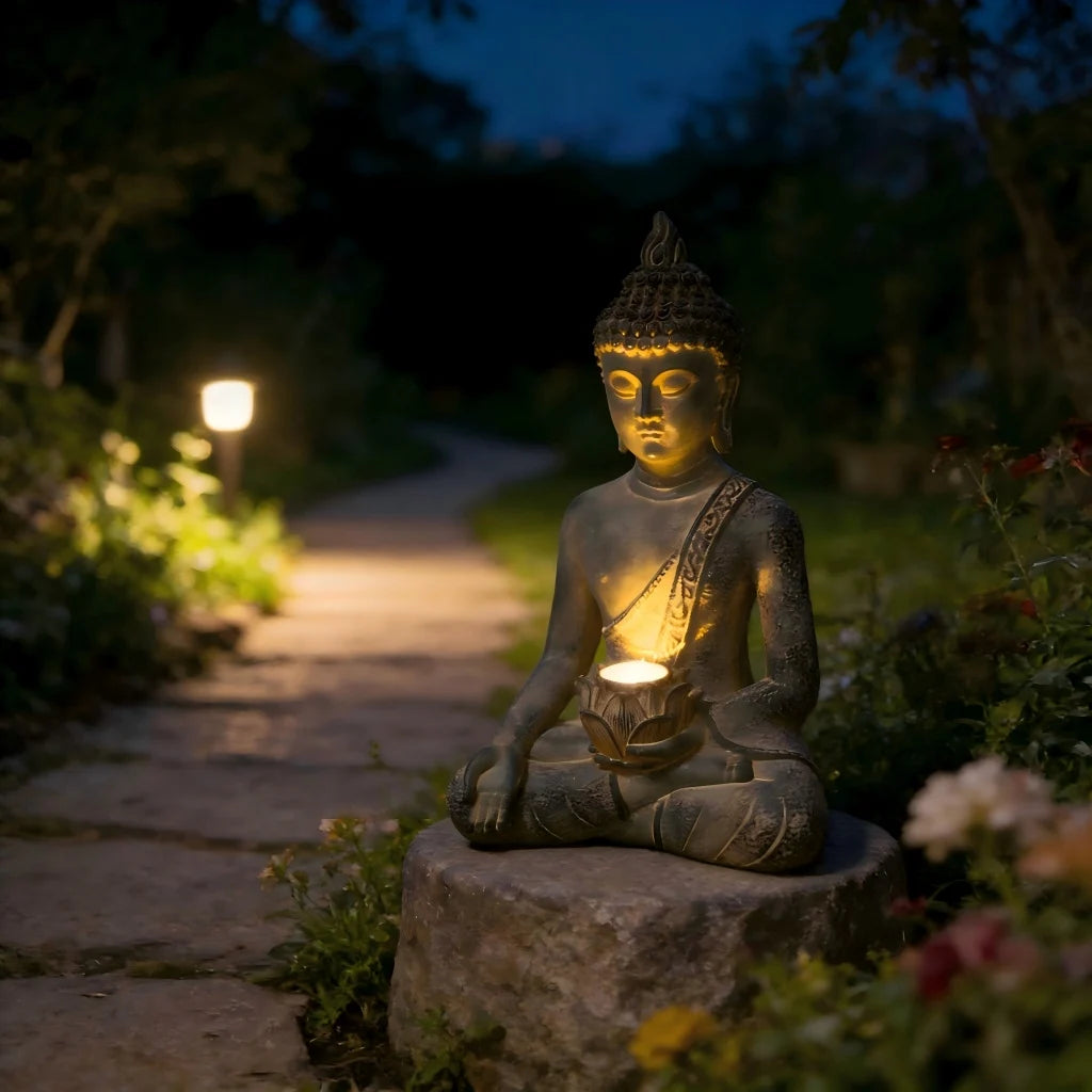Estatua de Buda con luz Solar, decoración del jardín del hogar, figuritas de Buda sentado y meditando para adornos de césped y Patio al aire libre