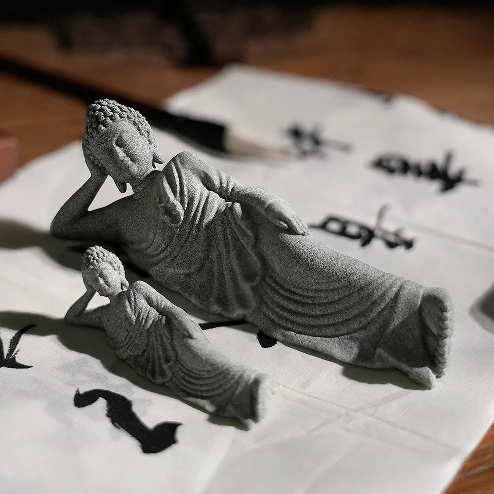 Estatua tallada de meditación reclinable de Buda, estatuilla coleccionable de Feng Shui para el hogar, jardín, bonsái, pecera, decoración de escritorio y patio