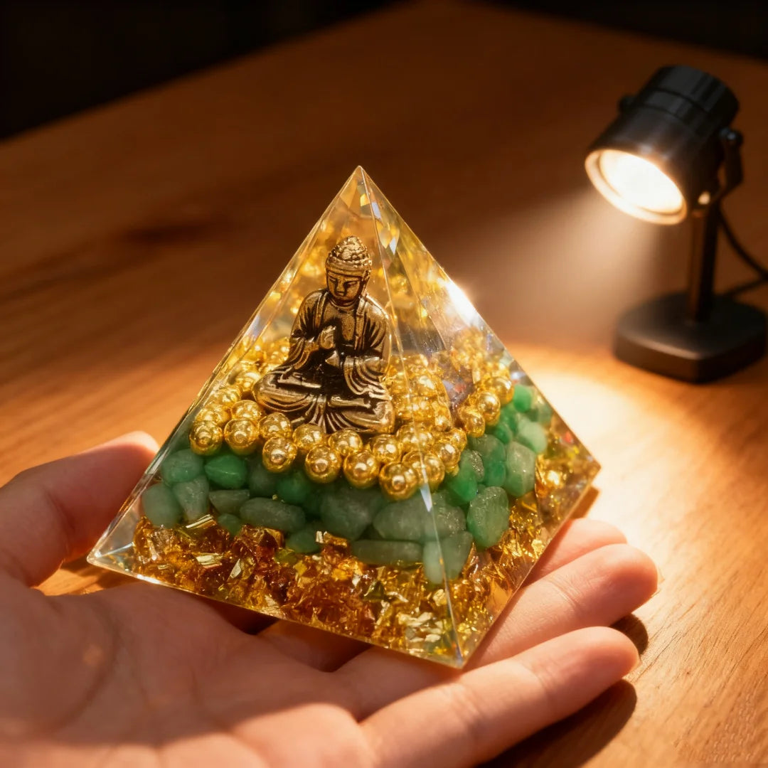 Estatua de Buda en Pirámide de Cristal Zenya® – Adorno de Amor y Energía Positiva